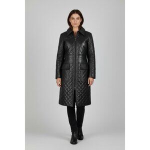 Express Leather Trench Coat  Long Black Quilted Jacket VTG Y2K  Womens 5/6